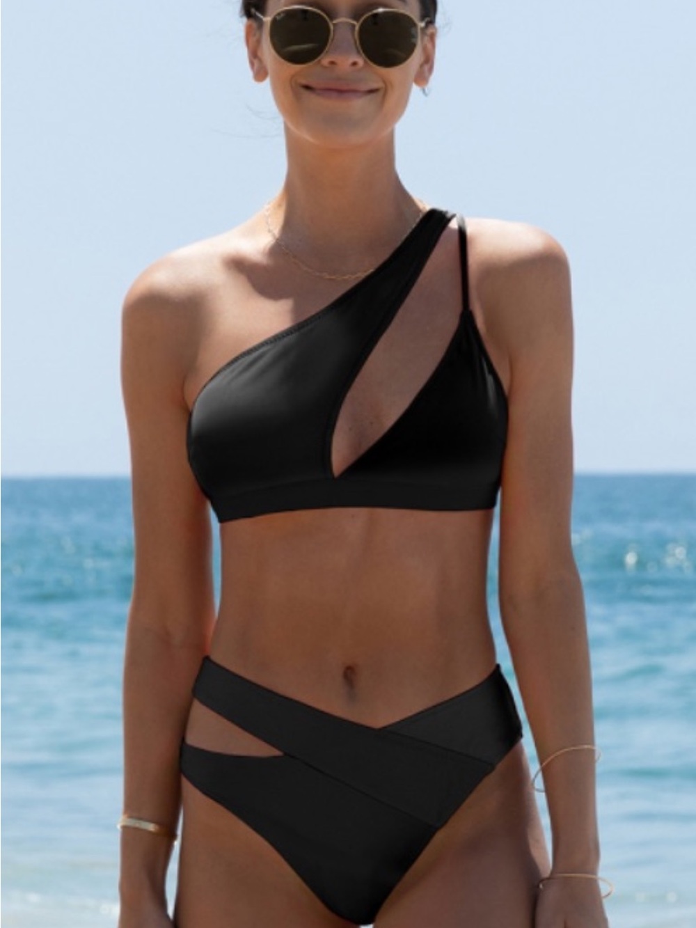 Asymmetric Cutout Black Bikini Set - Women Swim